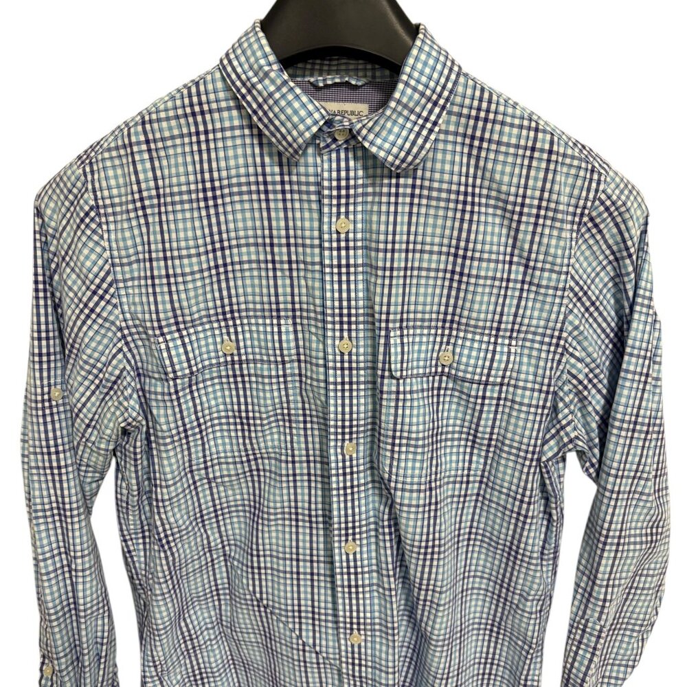 Banana Republic Shirt Mens Medium 15-15.5 Blue Check Long Sleeve Button Up